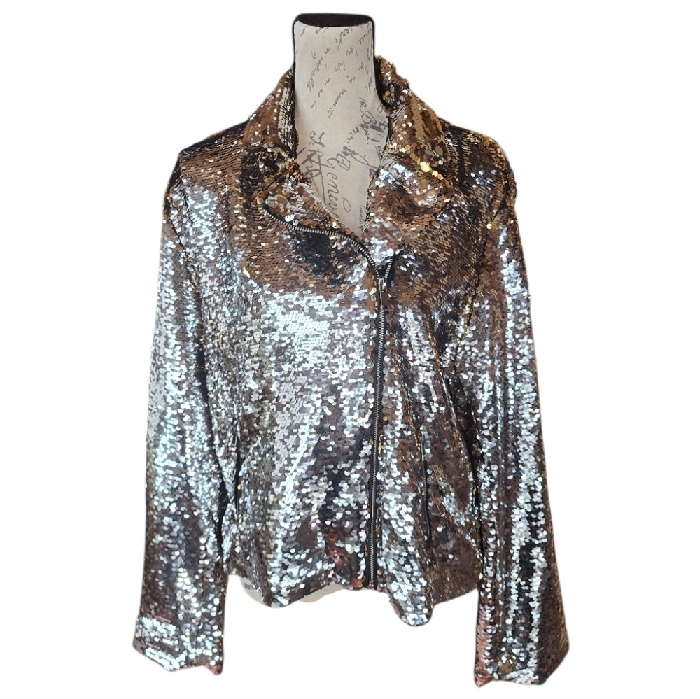 Donna Salyers Fabulous Furs Silver Gold Sequin Zip Moto Jacket L
